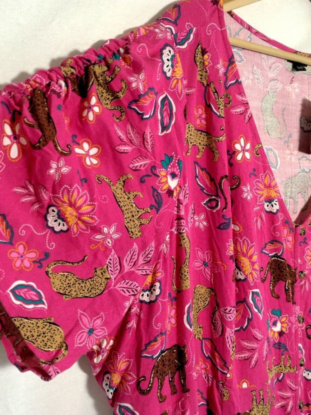 Torrid Size 5 Plus Size Pink Leopard Dress Rouched Short Sleeve Midi Belted Cat - Picture 9 of 16